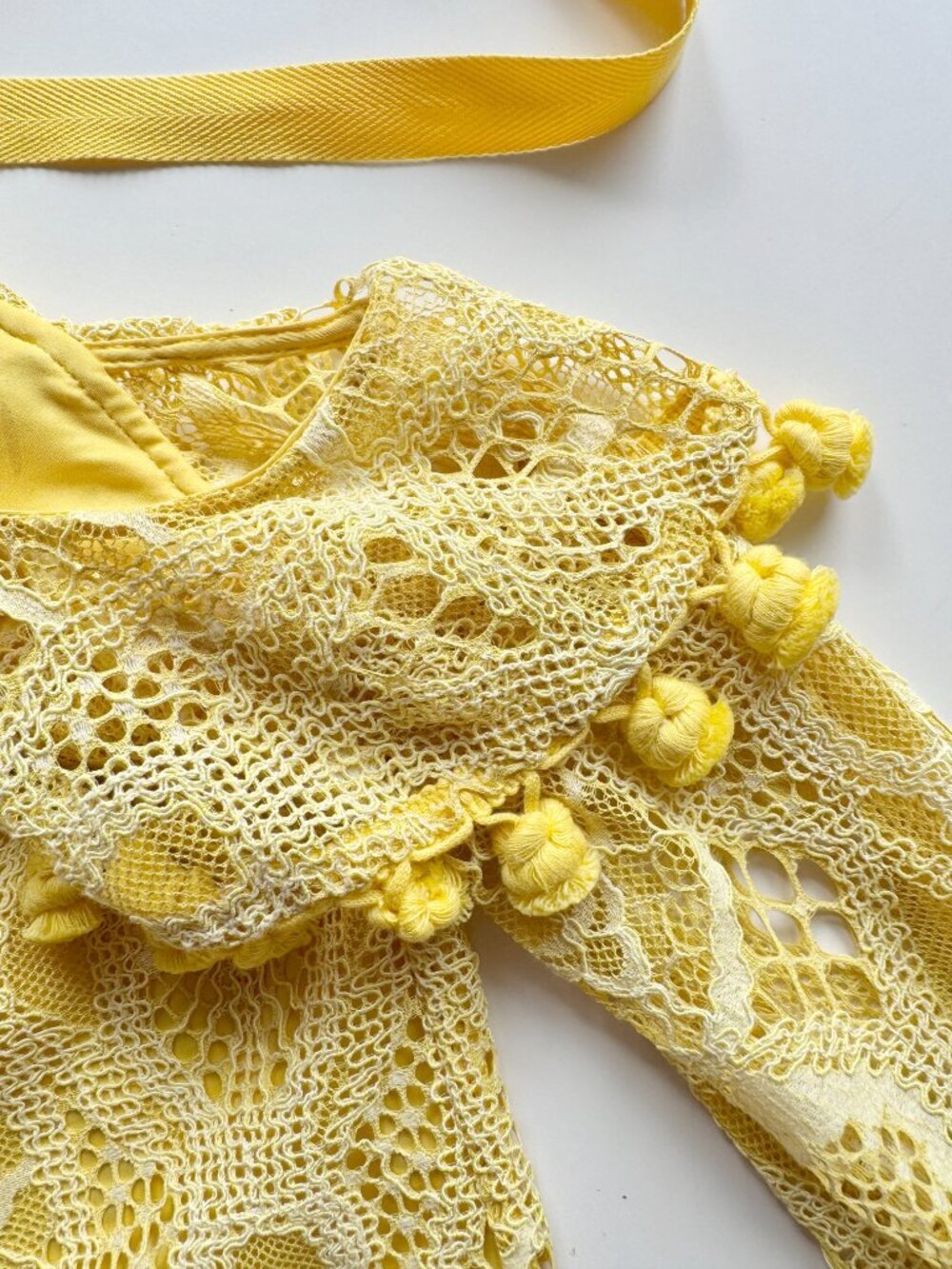 ALEXIS Adriana Yellow Lace Pom Pom Ruffle Cold Shoulder Tie Blouse, Size XS - Picture 11 of 15